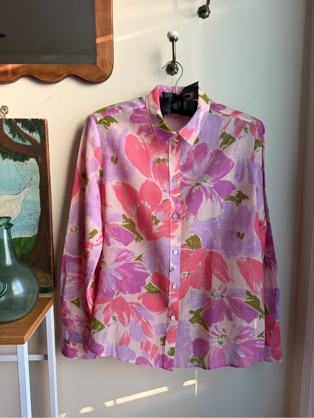 Sézane Pierro Shirt Pink Purple Watercolor Floral Cotton Silk Size 34 XS
